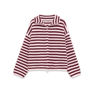 Detailed view of striped knitted cardigan with silver metal zipper and polo collar
