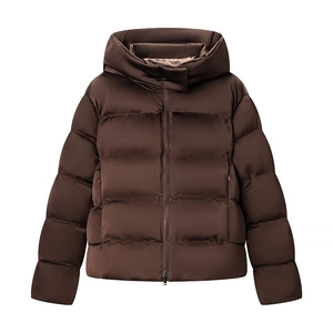 Women street fashion dark brown hooded quilted puffer jacket with full zip closure