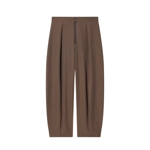 Pantaloni a gamba larga marrone scuro a vita alta con zip e dettagli a pieghe