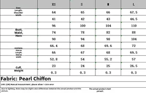 Detailed size guide table for women's chiffon blouse including bust and sleeve measurements