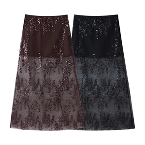 Jupe Midi en Maille à Taille Haute pour Femmes Élégante Broderie Tulle Transparent à Étages Jupe Trapèze Soirée