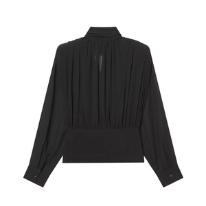 Detail of elegant black chiffon blouse back featuring vertical pleats and high collar neckline