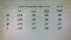 Detailed size chart for hooded quilted jacket showing polyester material and measurements