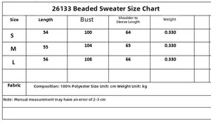 Size chart for beaded knit sweater in S M L with measurements and material details