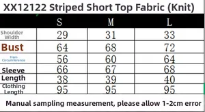 Detailed size chart for striped cropped knit top showing S, M, and L measurements