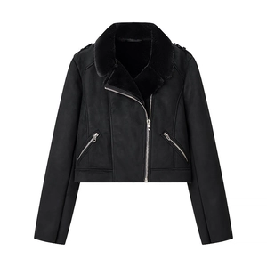 Damen Wildlederimitat Bikerjacke Mit Kunstpelzkragen Asymmetrischer Reißverschluss Kurzer Motorradmantel Einfarbig Schwarz Streetwear