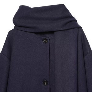 Short navy wool blend coat for women with high scarf collar and classic button detail