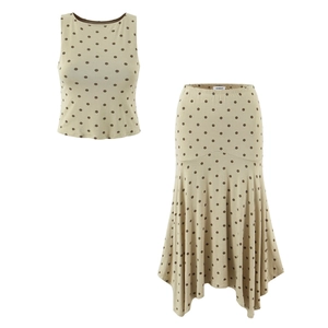 Ensemble Femme Top Sans Manches à Pois et Jupe Longue à Ourlet Irrégulier Tenue Décontractée en Polyester Top And Bottom