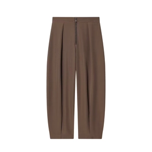Pantaloni da donna marrone scuro a vita alta e gamba larga con cerniera frontale