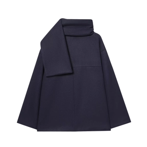 Minimalist navy blue wool blend coat with integrated scarf and modern silhouette