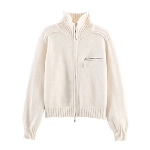 Women's off-white zip-up knit cardigan with a stand collar and chest pocket detail