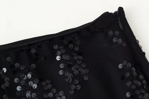 Vue macro d'une jupe taille haute à paillettes noires sur tulle avec fermeture éclair invisible