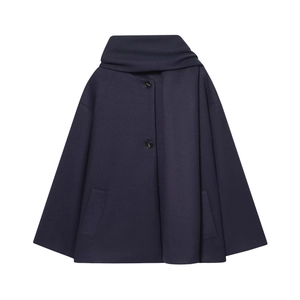 Elegant dark blue wool blend cape coat with a high neck scarf collar and button closure