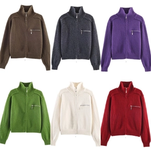 Winter casual zip-up knit jackets with stand collar and chest pocket in six colors