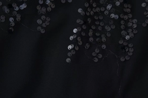 Vue macro des paillettes noires et de la broderie sur la jupe en tulle à taille haute