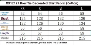Size chart for bow-knot poplin shirt with detailed shoulder and chest measurements