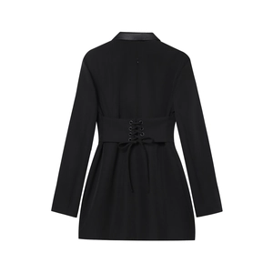 Back view of a black blazer dress featuring a cinched waist with crisscross lace-up detail