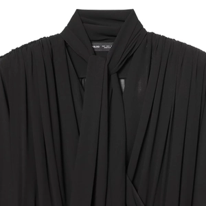 Elegant black chiffon long sleeve shirt featuring ruffled neckline and tie details