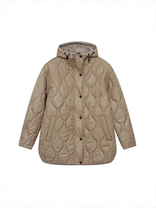 Women's khaki hooded quilted jacket with wave patterns and casual stand collar