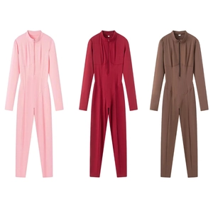 Women Mock Neck Long Sleeve Zipper Slim Fit Jumpsuit Solid Color Spandex Stretchy Yoga Fitness Catsuit One Piece Bodysuit