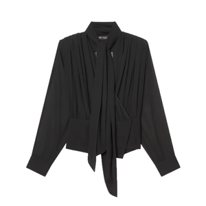 Elegant black long sleeve chiffon blouse featuring a pussy bow tie neck and pleated bodice