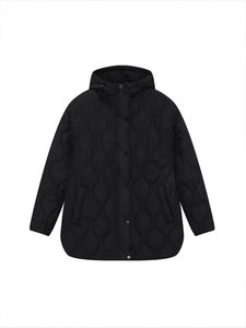 Women's black water-wave quilted hooded jacket with snap buttons and practical pockets