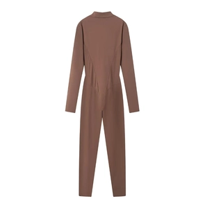 Detailed back view of a slim-fit dark brown long-sleeve bodysuit with seam details