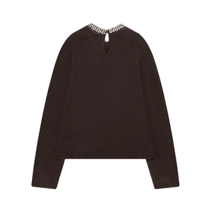 Women long sleeve knit sweater in dark chocolate with rhinestone embellished round neck