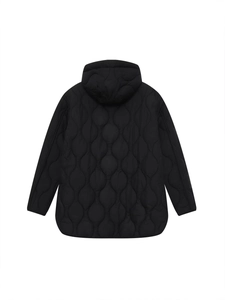 Women's black hooded onion quilted jacket with curved hem and waterproof finish