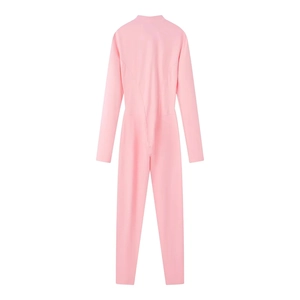 Detail view of the pink long sleeve bodysuit featuring a high neck and back zipper closure