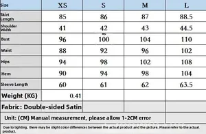 Detailed size guide table for satin dress with measurements for XS to L in centimeters
