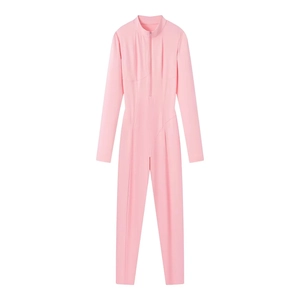 Detailed view of pink long sleeve bodysuit with front zipper and stand collar