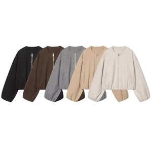 Veste Bomber Large Décontractée pour Femmes Mode Couleur Unie Col Rond Manches Longues Fermeture Éclair Vêtements d'Extérieur Avec Poches Manteau Streetwear