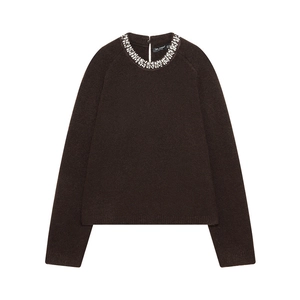 Women's dark brown knit sweater with sparkly rhinestone embellished crew neckline