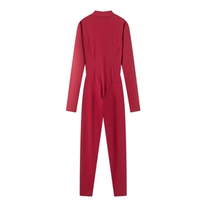 Detail of dark red bodysuit showing back V-shaped stitching and slim waist ruching