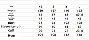 Detailed size chart for women's long sleeve shirt showing measurements for XS to L sizes