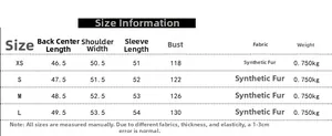 Size chart showing XS to L measurements for a short faux fur fashion jacket