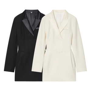 Women's Elegant Blazer Dress Long Sleeve V Neck Cinched Waist Satin Lapel Slim Fit Formal Office Lady Party Mini Dress