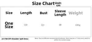 Size guide for off-shoulder knitted split dress with measurements in centimeters