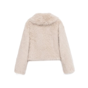 Rear view of cropped faux fur jacket in cream white showing plush texture and wide collar