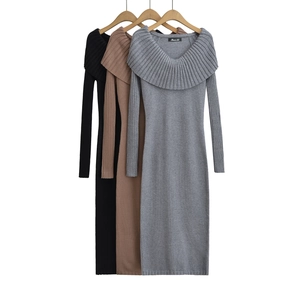 Women's Elegant Off-The-Shoulder Knitted Midi Dress Long Sleeve Pleated Collar Ribbed Split Hem Bodycon Sweater Dress