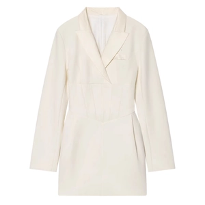 Off-white long sleeve blazer dress with corset waist and notched lapels for women