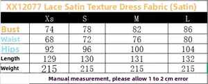 Detailed size chart for lace satin backless dress showing bust and waist measurements