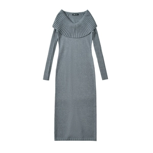 Detailed view of dark grey ribbed knit dress featuring an elegant pleated off-shoulder neckline
