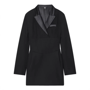 Slim-fit black blazer dress with satin lapels and a cinched waist for professional chic look