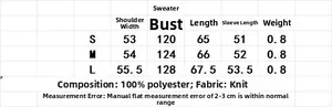 Tableau des tailles détaillé pour pull en maille col V femme avec mesures en S, M, L
