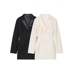 Slim-fit blazer mini dress for women with satin lapel and corset waist in black and white