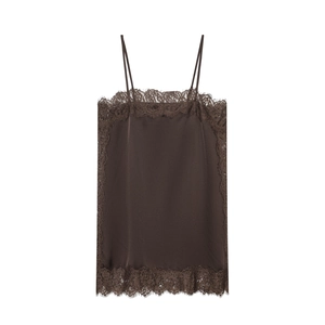 Top a Canotta da Donna Sexy in Raso con Finiture in Pizzo Spalline Sottili Scollo a V Schiena Scoperta Slim Fit Caffè