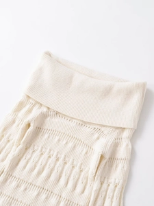Detail of hollow knit texture and turtleneck design on this cream white sweater