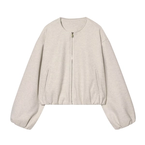 Vue détaillée du blouson aviateur zippé couleur avoine, texture douce et col rond
